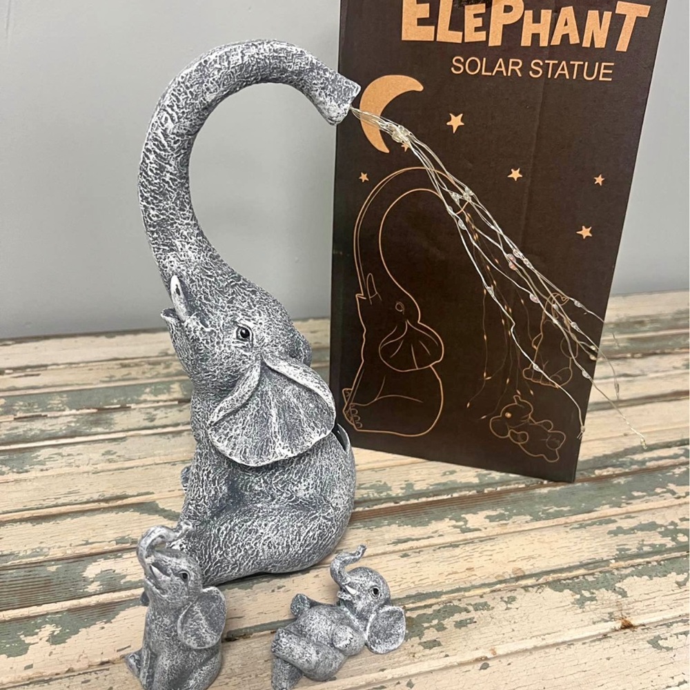 Gray Elephant Solar Statue Set